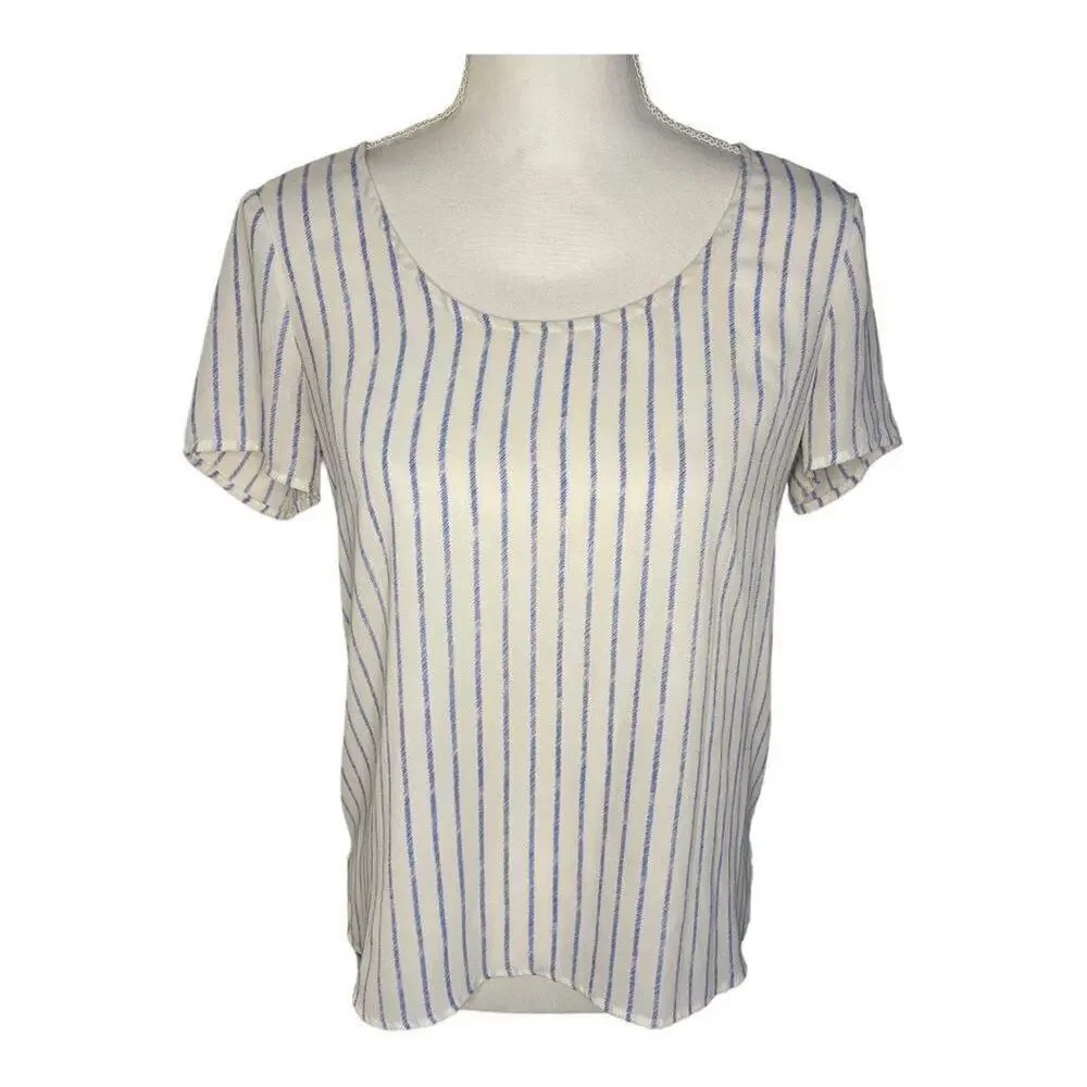 Express Women’s‎ XS White & Blue Striped Semi Sheer Short Sleeve Top